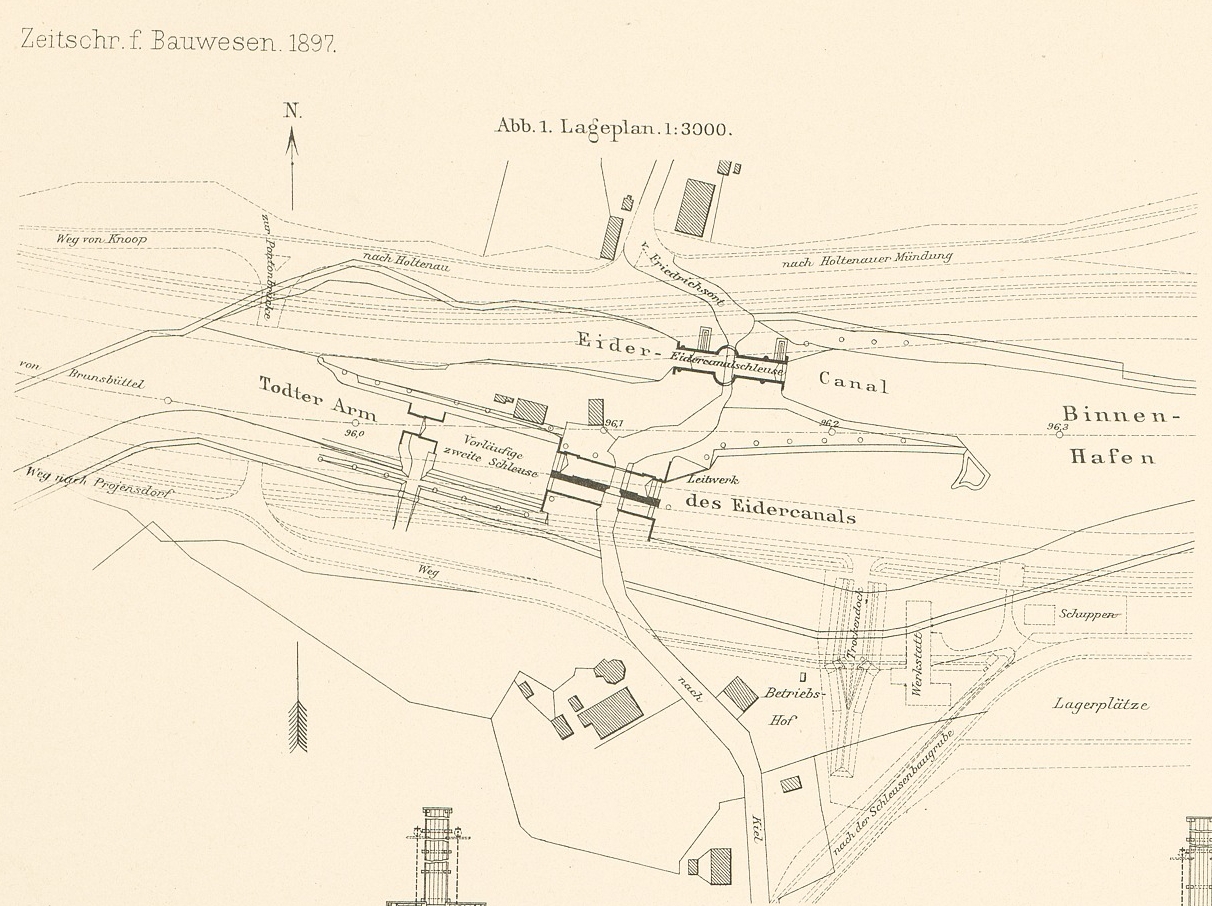 Lageplan der Eiderkanalschleusen und der Insel 1897